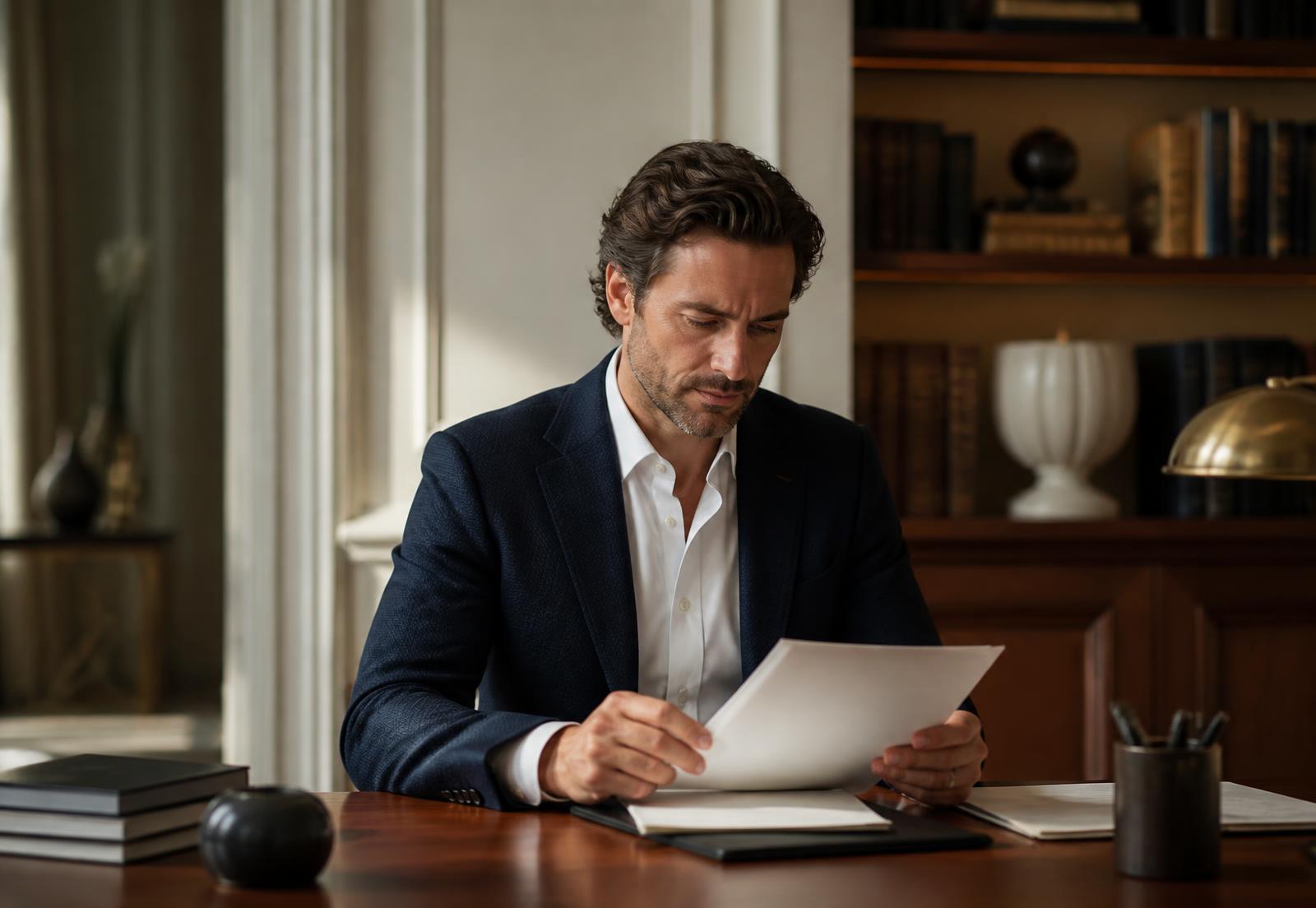 A business owner reviewing documents in a refined private office