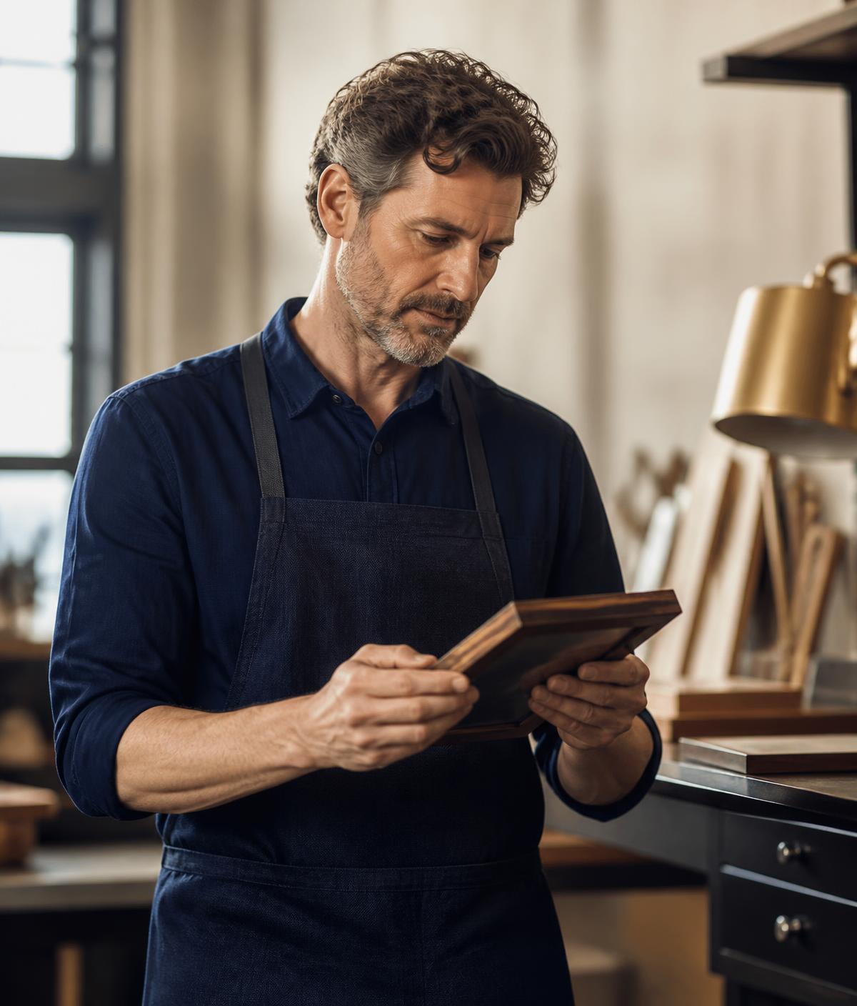 A craftsman carefully inspecting quality work in a refined workshop