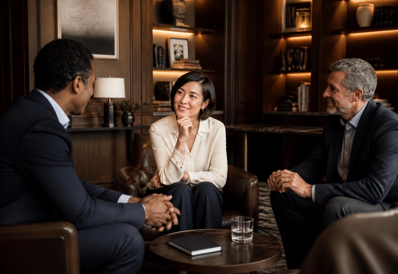 Three business owners in conversation at a private members lounge